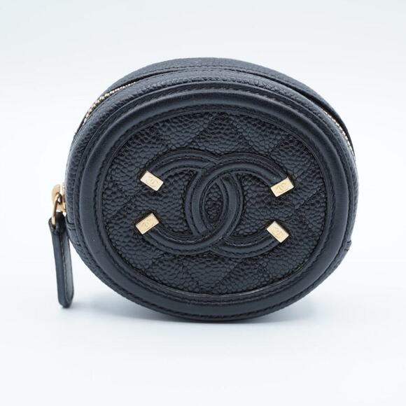 CHANEL Handbags - Chanel Black Quilted Caviar Leather Filigree Round Zip Coin Purse